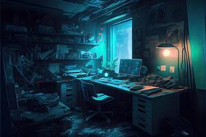 illustration of messy and dark cyberpunk hacker hideout room with lights photo