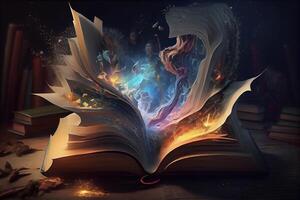 illustration of book of knowledge, universe, fantasy epic atmosphere, beautiful visual effects. Knowledge open new world. photo