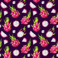 Exotic pitaya cactus. Drafon fruit seamless pattern. Background summer. Pitahaya tropical slice fabric. vector