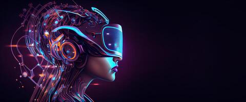 illustration of Metaverse concept and virtual world elements. Side view of human face in augmented or virtual reality headset inside the metaverse photo