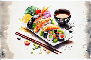 illustration of knolling japanese cuisine food, watercolor paint style, set of asian food photo