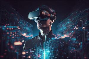 illustration of man with virtual reality VR goggle playing AR augmented reality game and entertainment, futuristic metaverse gameFi NFT game ideas photo