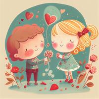 generativo ai ilustración de un adorable y entrañable dibujos animados personaje para San Valentín día, amar, corazones, flores, romance, feliz, alegre, alegre, divertido, juguetón, alegre, dulce foto