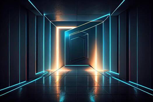 illustration of an abstract dark neon geometric background, set inside a dark and empty room with glowing laser lines on the walls, a wet concrete floor, with neon light reflections photo