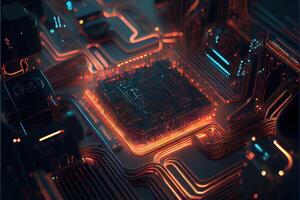 illustration of macro shot of circuit cyberspace board with computer motherboard component microchip with chip structure. Neural network generated art. photo