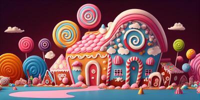 illustration of a sweet and magical world with candy land landscape and gingerbread fantasy house photo