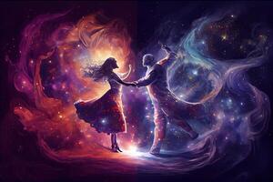 generativo ai ilustración de un encantador imagen de dos amantes bailando en un mágico espacio antecedentes foto