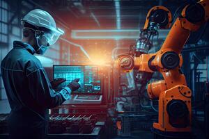 illustration of a real time monitoring system's software, manager engineers inspect and operate automation robot arms machines in intelligent factories, robots welding photo