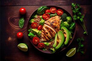 illustration of healthy salad bowl with quinoa, tomatoes, chicken, avocado, lime and mixed greens, lettuce, parsley on wooden background top view. Food and health. photo