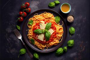 generativo ai ilustración de sabroso apetitoso clásico italiano espaguetis pasta con tomate salsa, queso parmesano y albahaca en plato en oscuro mesa. ver desde encima foto