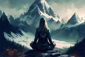 illustration of woman meditating in the mountains photo