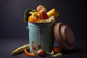 generativo ai ilustración de no usado, podrido verduras son dispuesto de en el basura. comida residuos y comida pérdida consiguiendo eliminar de comida residuos a hogar foto