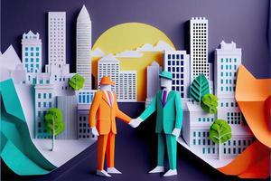 Business man in the city background, colorful. Business handshaking, successful concept. Paper cut craft, 3d paper illustration style. Neural network generated art. photo