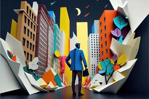 Business man in the city background, colorful. Business handshaking, successful concept. Paper cut craft, 3d paper illustration style. Neural network generated art. photo