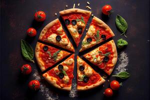 illustration of Homemade pizza with tomato and olives on dark stone background photo