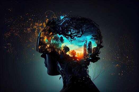 illustration of Metaverse concept and virtual world elements. Silhouette of a human face in augmented or virtual reality headset. Neural network art photo