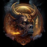 illustration of cyberpunk Zodiac sign with a industrial smoke, mechanic detail on shoulders, pollution, centered inside intricate gold and fire circle of city and Skyscrapers, steam punk photo