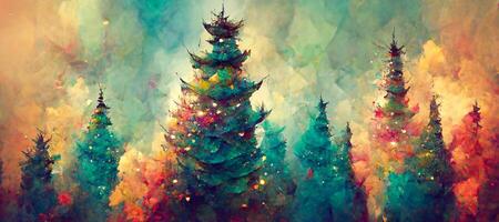 illustration of Abstract fantasy festive christmas tree background header wallpaper, winter abstract landscape. Christmas scene. Banner header. Digital art. photo