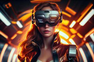 illustration of an enthusiastic young women wearing virtual reality goggles is inside the metaverse. Metaverse concept and virtual world elements photo