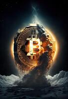 generativo ai ilustración de bitcoin a el luna, poco moneda logo y astronave foto