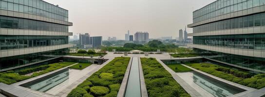 illustration of Gorgeous garden on the rooftop of a contemporary glass office building in Asia photo