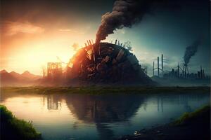 illustration of landscape with ecological disaster. Polluted earth and ocean photo