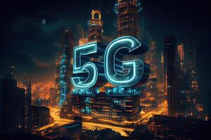 illustration of futuristic city at night, 5G internet network wireless systems and internet of things, smart city and communication network concept. photo