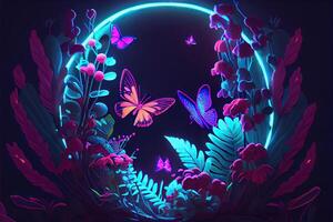 illustration of Abstract neon background with flowers and butterflies. Abstract fantasy floral sci - fi neon portal, neon illumination. Plant light neon tunnel with butterflies. photo