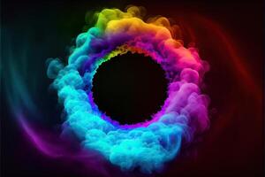 illustration of neon smoke exploding outwards with empty center. Dramatic smoke or fog effect for spooky, hot lighting ring circle photo