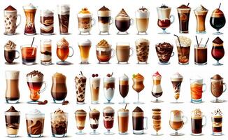 generativo ai ilustración de conjunto con diferente tipos de café bebidas en blanco antecedentes foto