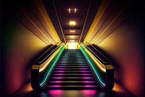 illustration of underground escalator with neon illumination, dynamic lights, upward movement, stairs photo