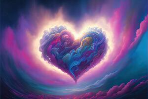 illustration of a heart floats in a surreal environment filled with clouds and swirling, pastel-colored gases, the heart is surrounded by a halo of glitter and holographic foil photo