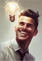 illustration of creative and emotional man an light bulb on light background. Business idea. photo