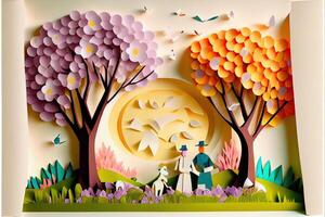 illustration of origami spring background, joyful elderly, happy family with parent, colorful. Paper cut craft, 3d paper illustration style, pop color. Neural network generated art. photo