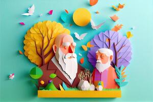 illustration of origami spring background, joyful elderly, happy family with parent, colorful. Paper cut craft, 3d paper illustration style, pop color. Neural network generated art. photo