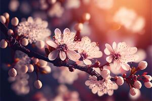 Generative AI illustration of spring banner, branches of blossoming cherry against pink background and nature outdoors. Pink sakura flowers, dreamy romantic image spring, copy space. photo