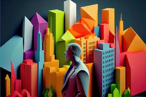 Business man in the city background, colorful. Business handshaking, successful concept. Paper cut craft, 3d paper illustration style. Neural network generated art. photo