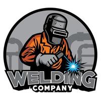 welder working with weld helmet in badge design style vector