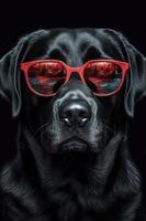 a charming and playful image of a black Labrador wearing red sunglasses, Generate Ai photo
