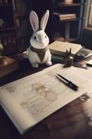 a cute fluffy bunny grumpily working on her trip itinerary, Generate Ai photo