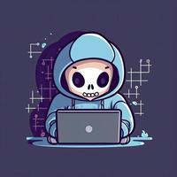 hacker operando un ordenador portátil dibujos animados icono ilustración. tecnología icono concepto aislado . plano dibujos animados estilo, generar ai foto