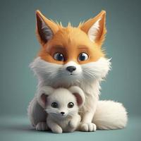 ginger cute fox hugging a fluffy white little kitten, pixar style, shiny fur, big bright eyes, fluffy tail, smile, fairy tale, surfing, generat ai photo