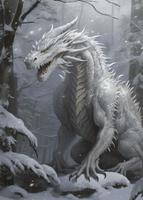 a white dragon walking in the snow, in the style of otherworldly illustrations, gigantic scale, eerily realistic, anime-inspired characters, weathercore, enigmatic portraits, spiky mounds, generat ai photo