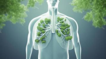 Photo image human lungs made of green leaves on the background of male body fresh breath pneumonia prevention smoking modern design magazine style copy space 3d illustration 3d rendering, generat ai