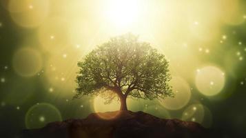 Free photo 3d background of the sun shining onto a tree against a bokeh background, generat ai