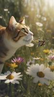 un juguetón gato persiguiendo un mariposa alrededor un jardín lleno de flores, generar ai foto