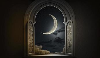 místico ventana con creciente Luna en noche cielo, islámico saludo eid Mubarak para musulmán vacaciones. eid-ul-adha festival celebracion. Arábica Ramadán Kareem, generar ai foto