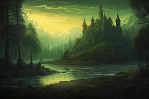 Castle in a swamp with dramatic lighting, Generate Ai photo