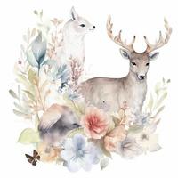 Water color full frame animals with flowers on white background, soft colors, minimalist, Generate Ai photo