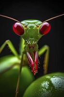 green preying mantis holding a red cherry, generat ai photo